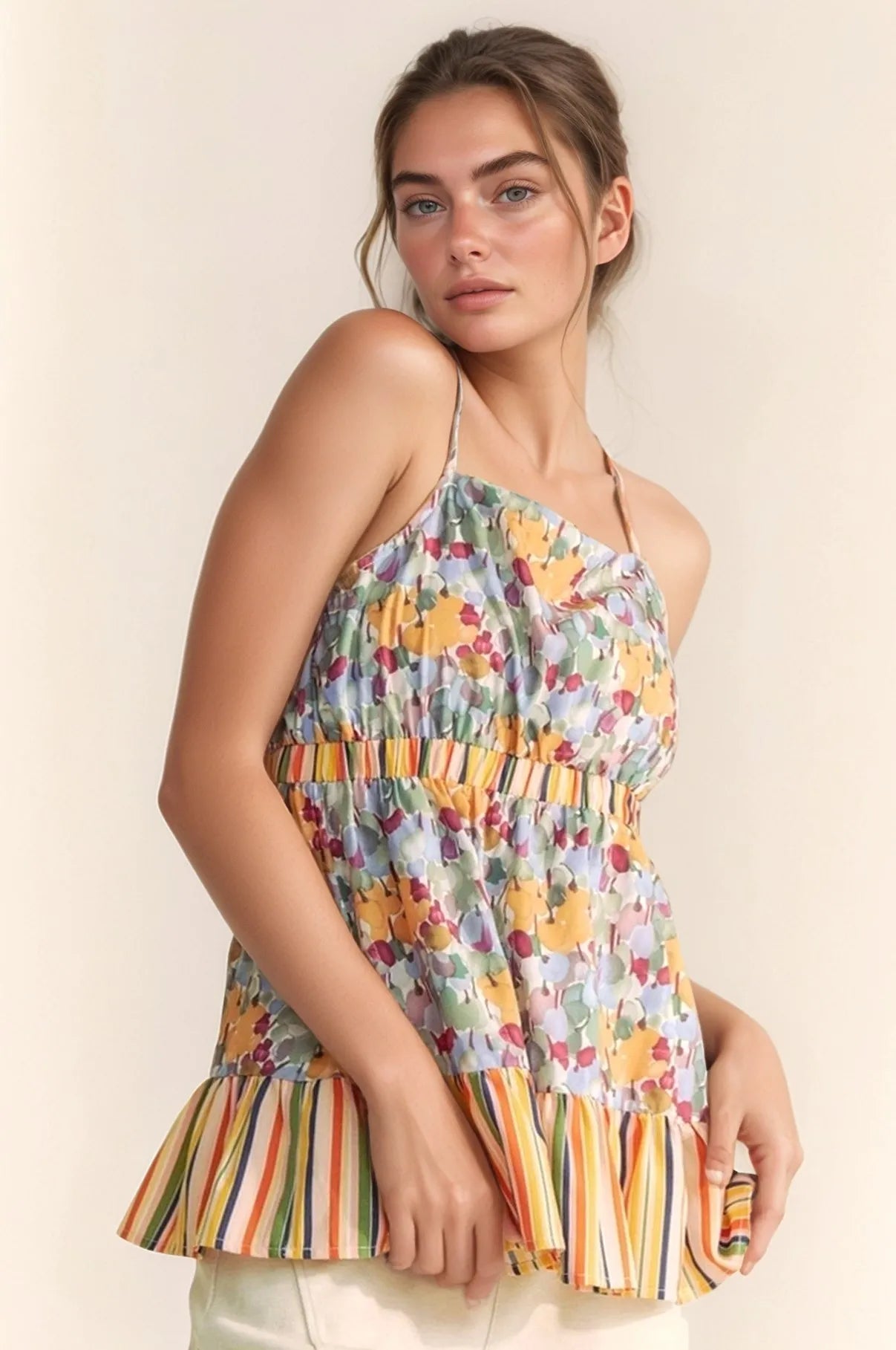 Davi & Dani Floral Smocked Sleeveless Ruffle Back Tie Top