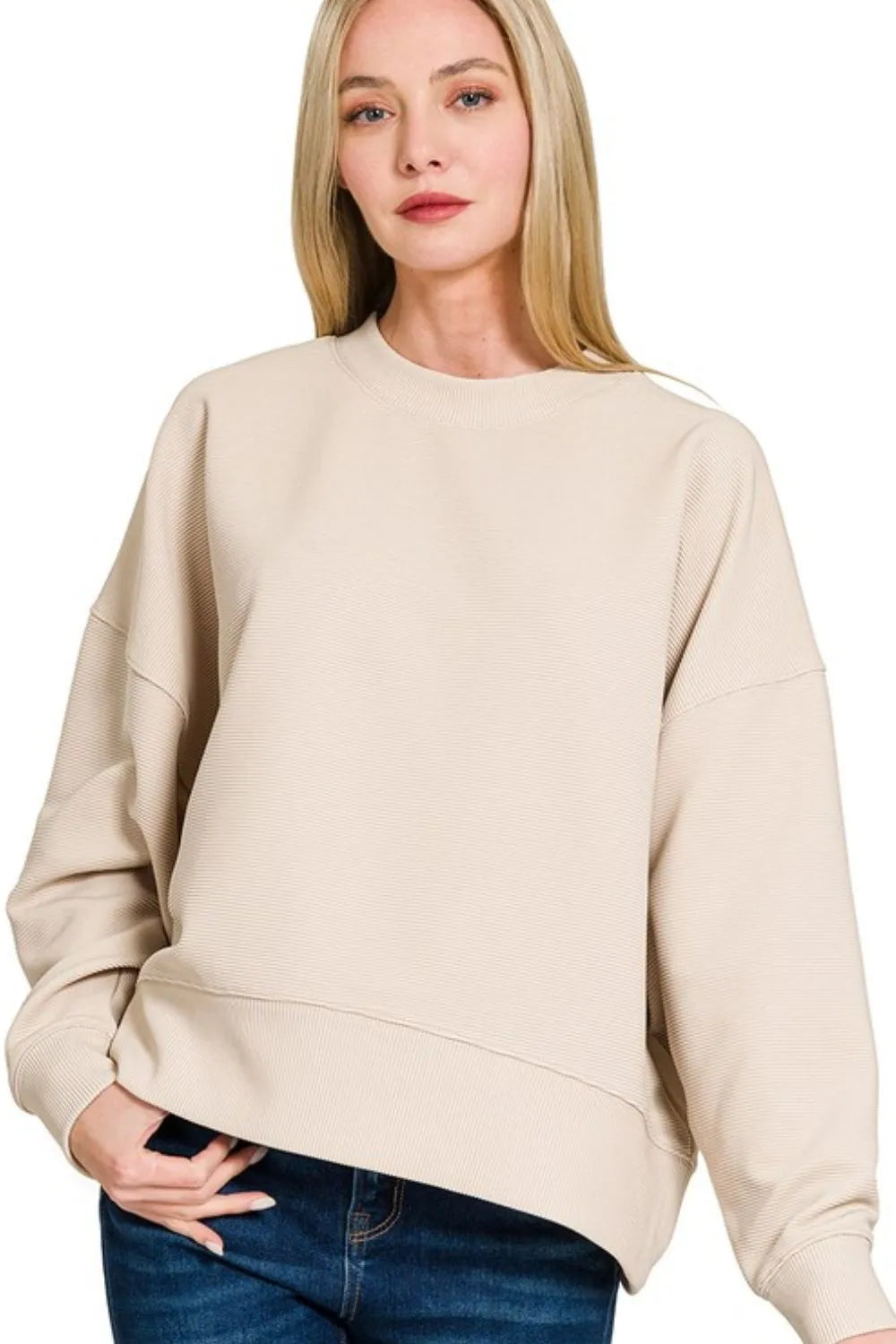 Zenana Ribbed Balloon Sleeve Sweatshirt SAND BEIGE