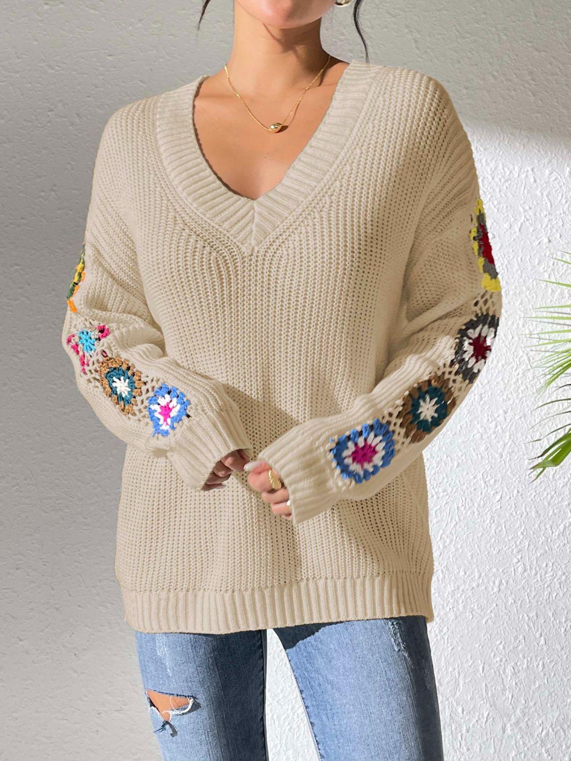 Crochet Flower V-Neck Sweater Tan