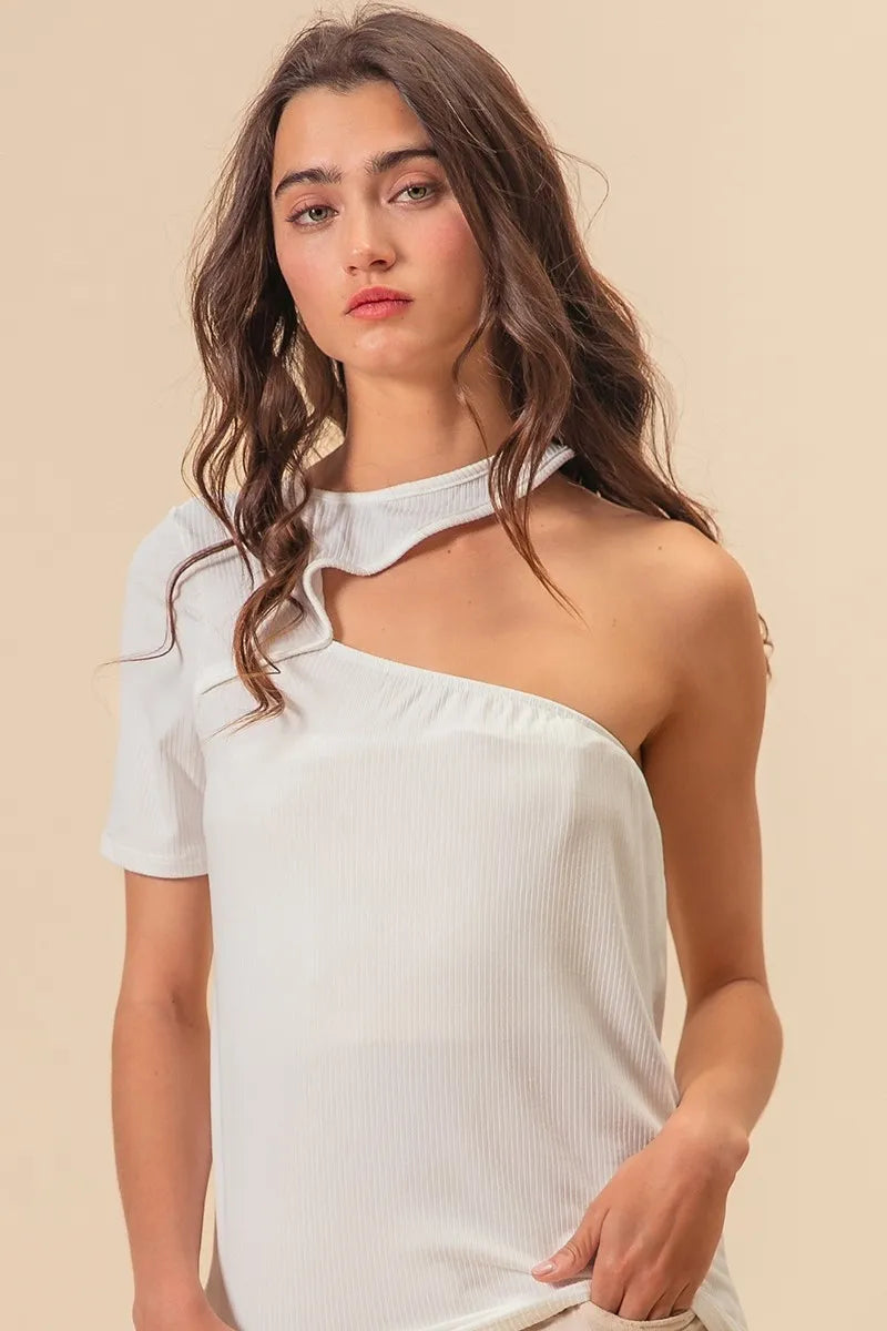 BiBi Soft Rib Knit with Cut Out One Shoulder Top