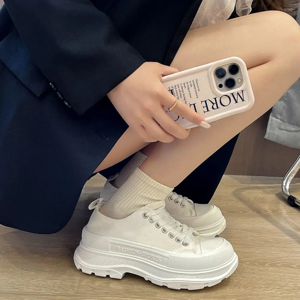 Lace Up Round Toe Platform Sneakers White