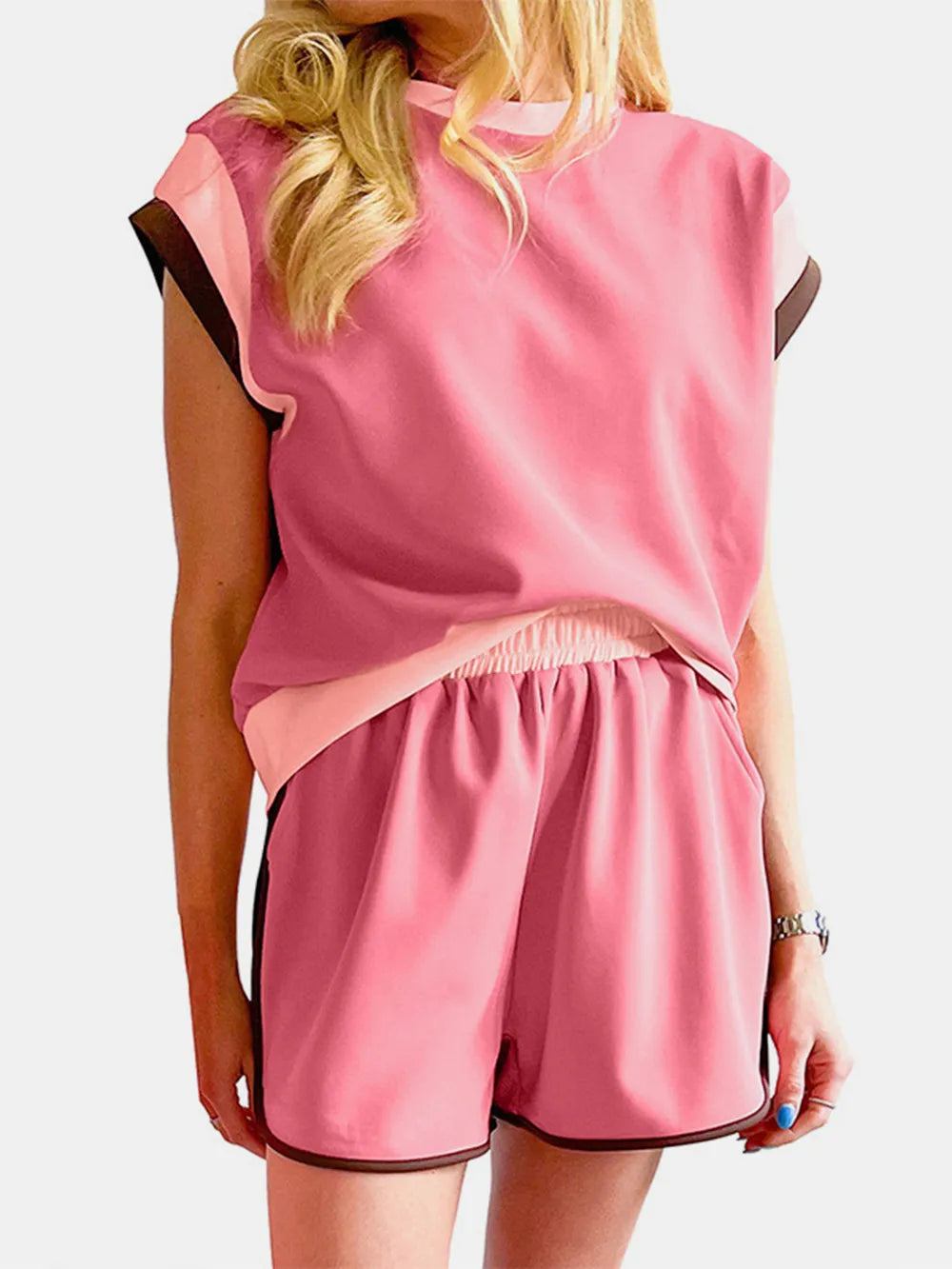 Contrast Round Neck Top and Shorts Set Coral