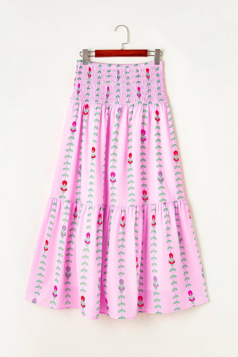 Smocked Printed High Waist Skirt Blush Pink