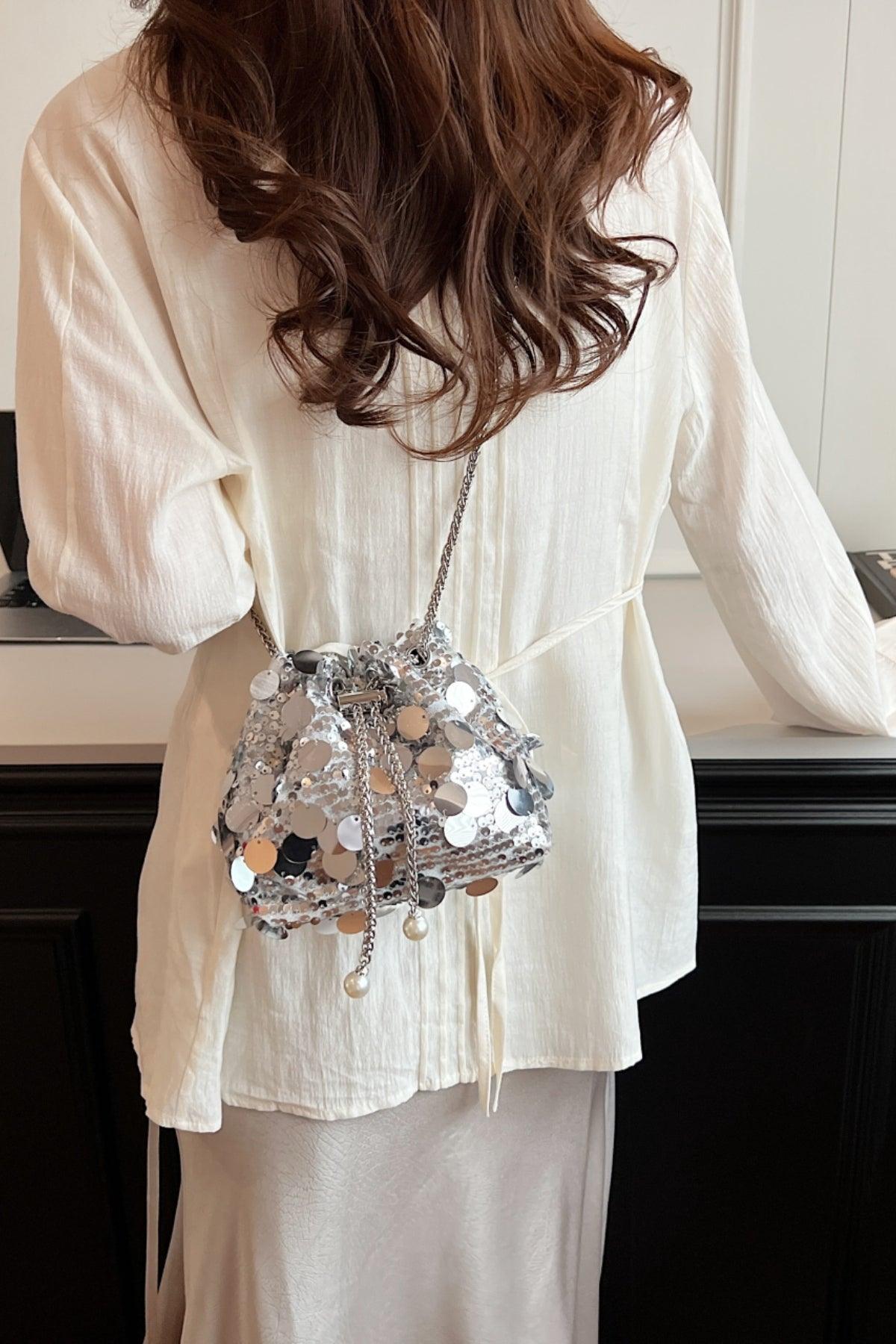 Drawstring Sequin Crossbody Bag Silver One Size