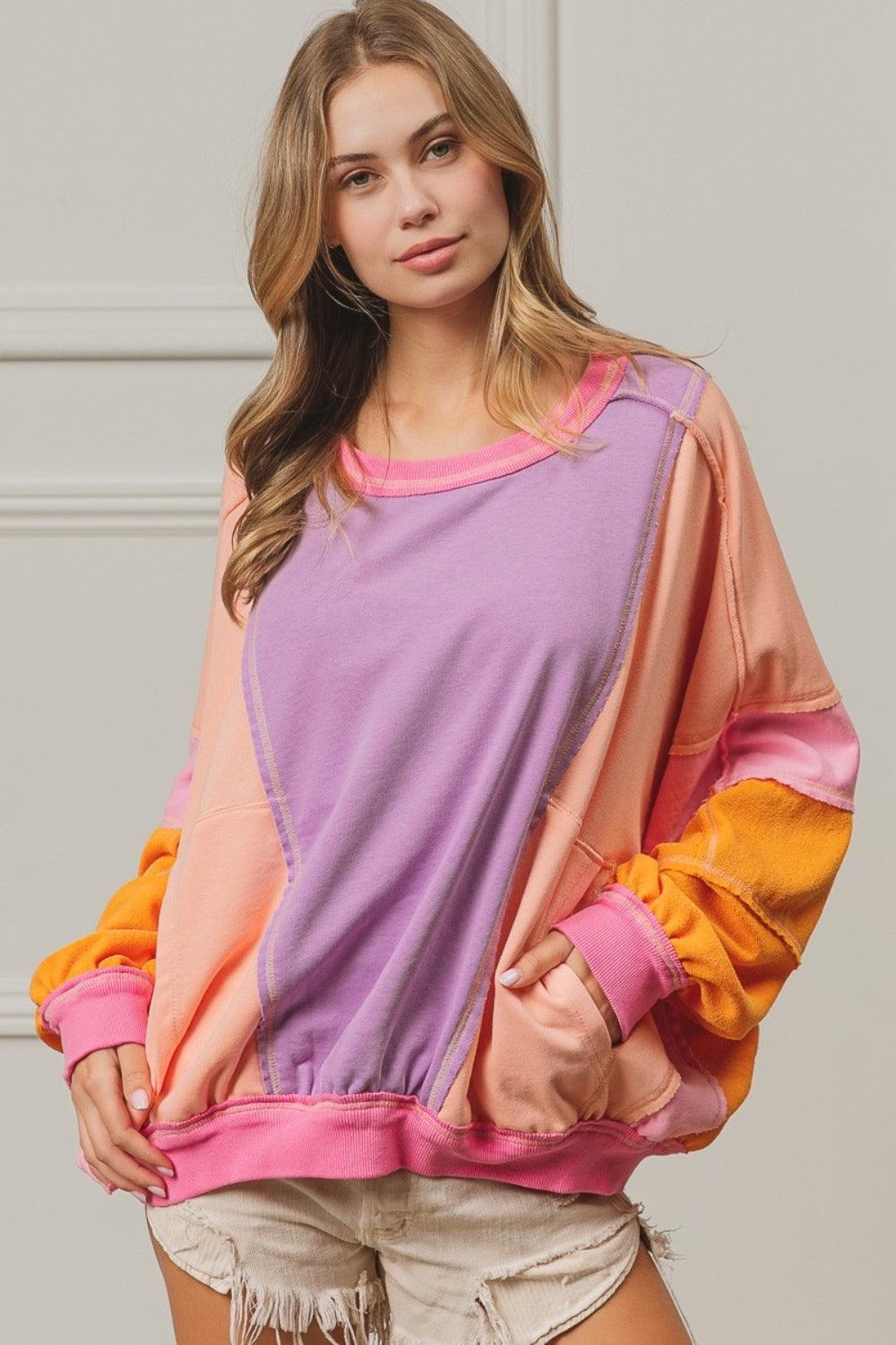 BiBi Color Block Exposed Seam Sweatshirt with Pockets Lavender Peach Fuchsia