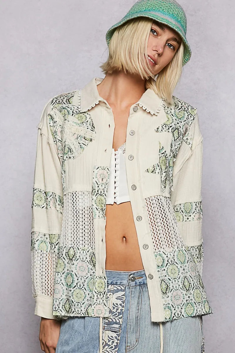POL Printed Crochet Patchwork Button-Up Shirt Gum Leaf