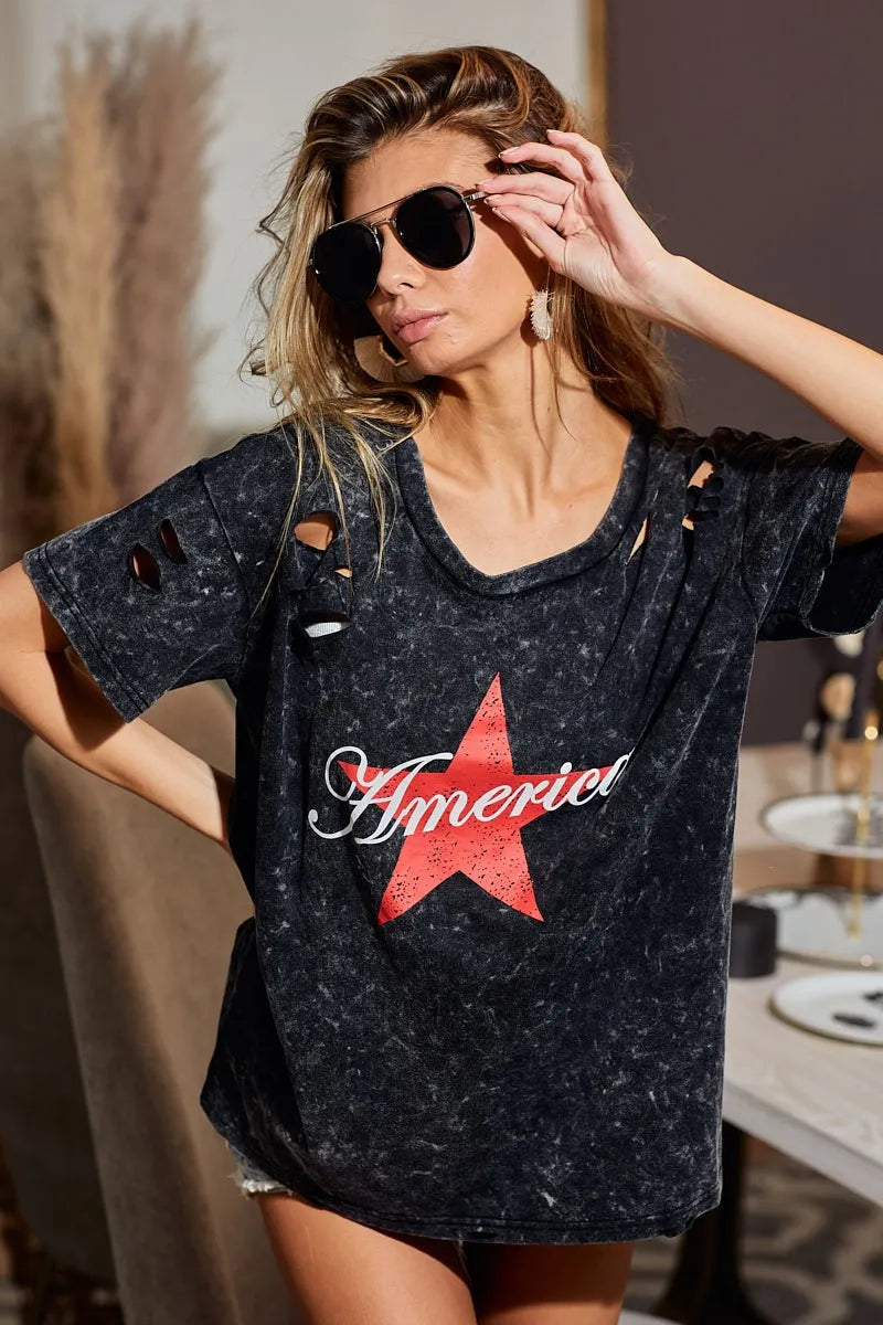BiBi Laser Cut Mineral Washed Jersey Top with America