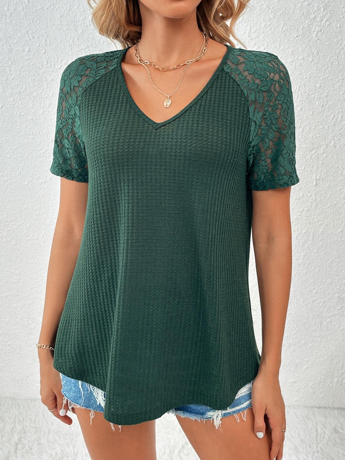 Ivy Lane Lace Detail V-Neck Short Sleeve T-Shirt Dark Green