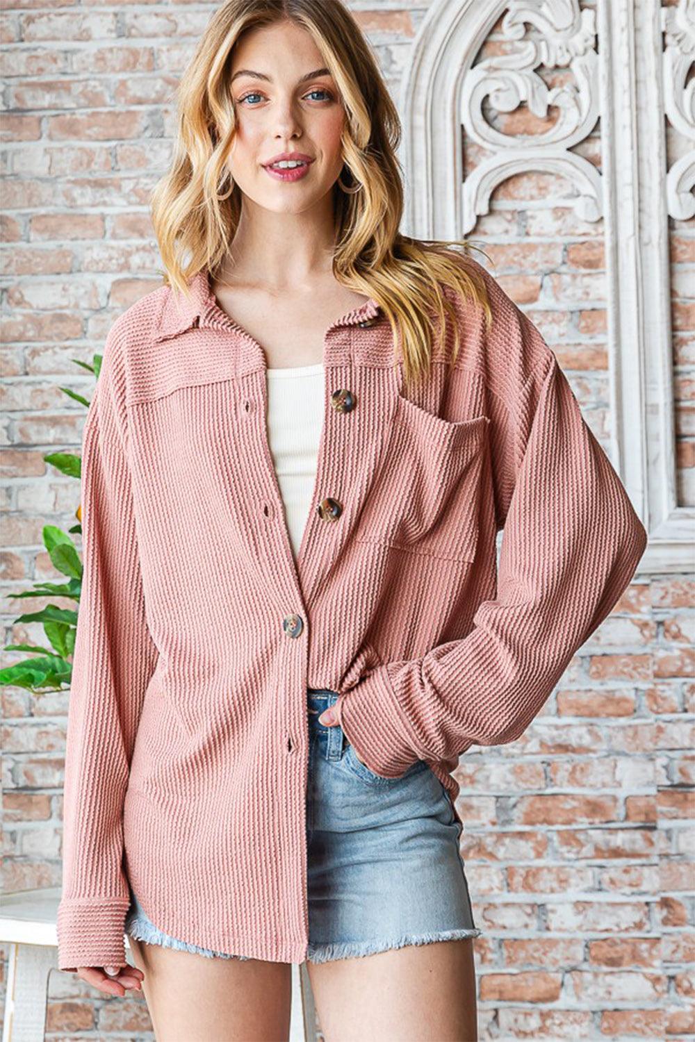 Reborn J Button Up Long Sleeve Shacket Dk Peach