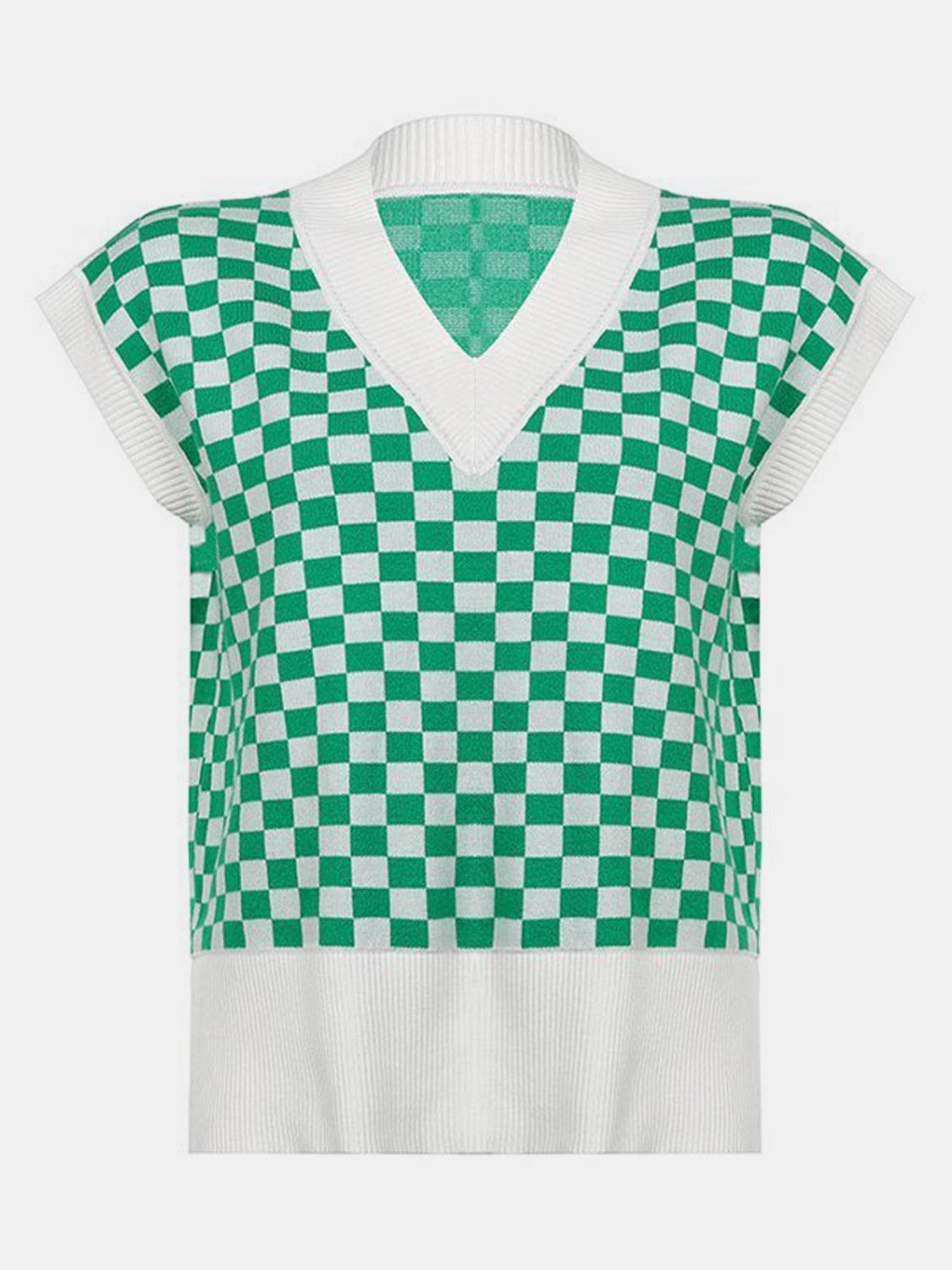 Full Size Checkered V-Neck Sweater with Cap Sleeves