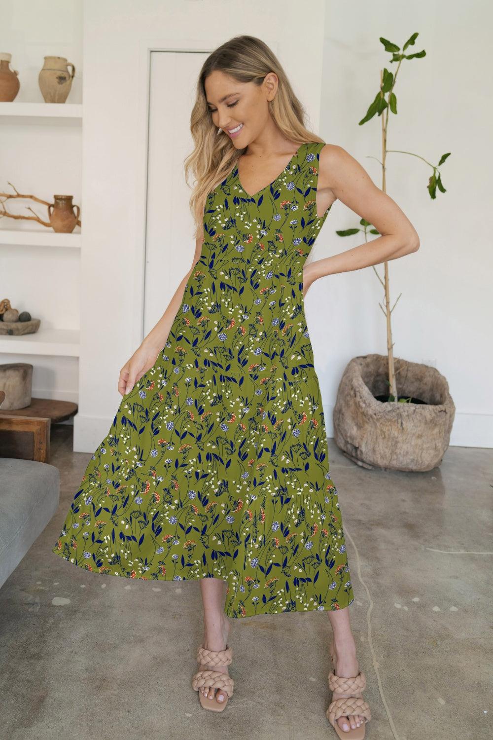 FAM-FAM Tiered Printed V-Neck Sleeveless Dress Matcha Green
