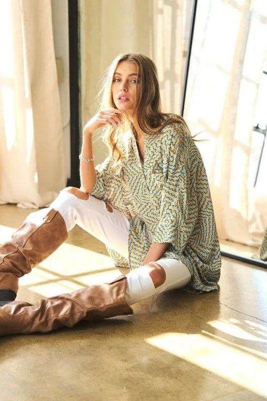 Davi & Dani Geo Printed Relaxed Fit Flowy Button Down Shirt