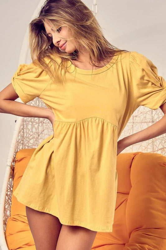 BiBi Cotton Span Knit with Puff Sleeve Baby Doll Top BANANA