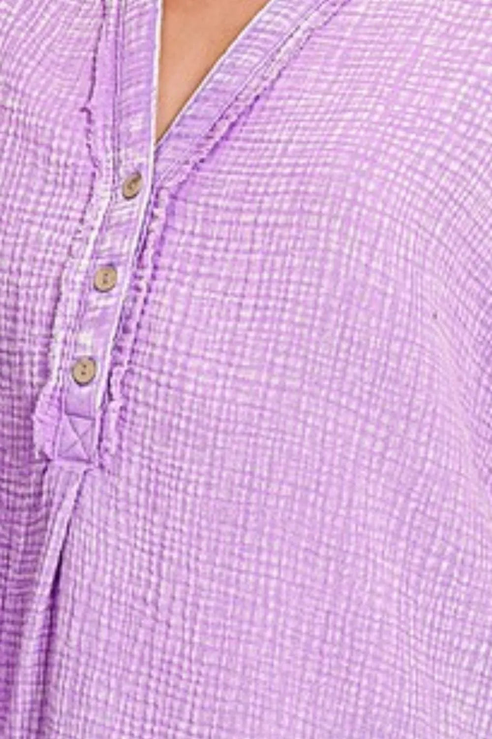 Zenana Washed Double Gauze 3/4 Button Henley Neck Shirt