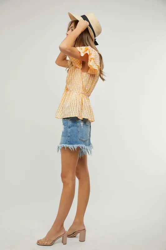 Davi & Dani Shirring V-Neck Ruffle Gingham Plaid Printed Top