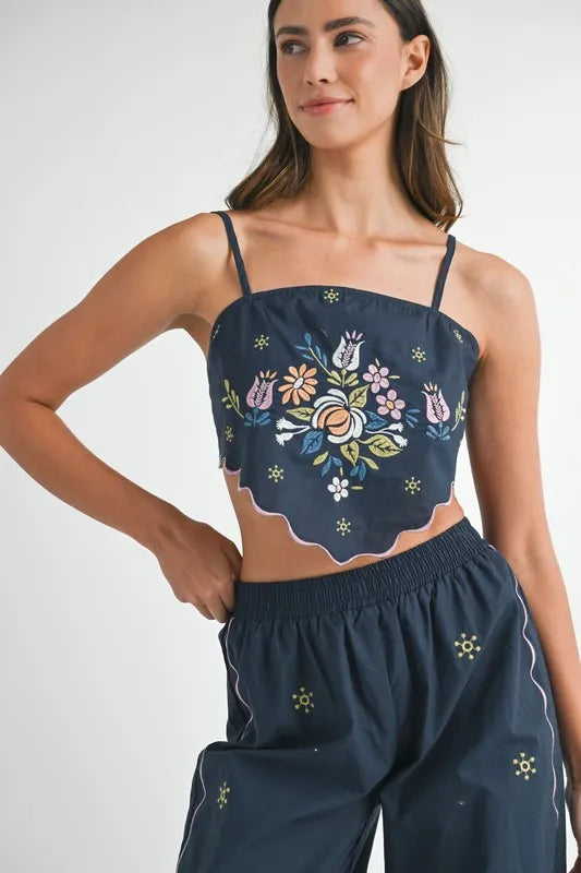 MABLE Linen Embroidered Scarf Top and Pants Set
