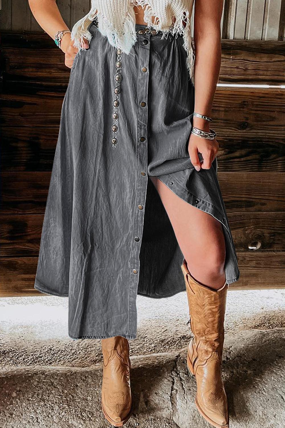 Snap Down High Waist Denim Skirt Dark