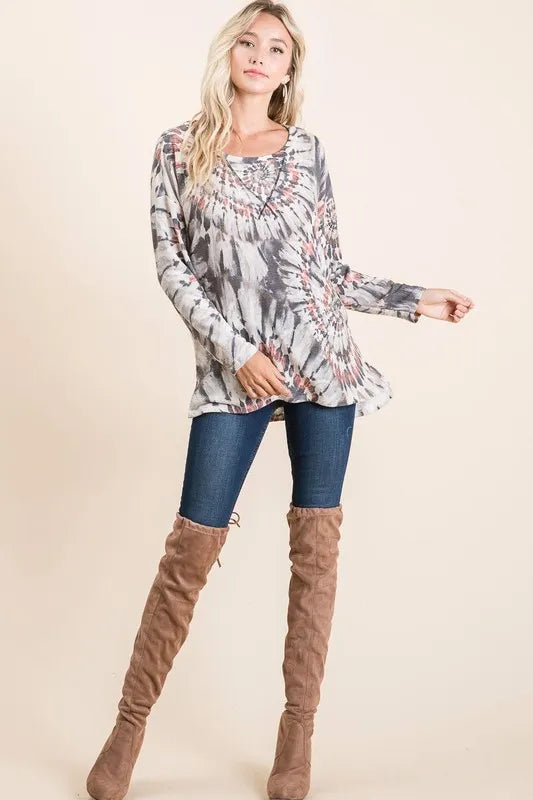 BiBi Tie Dye Terry Top with Contrast Stitching