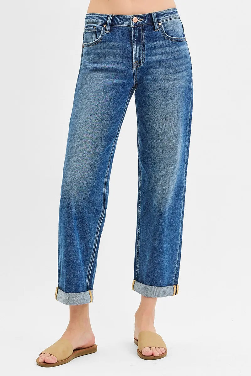 RISEN Full Size Mid Rise Boyfriend Roll Up Jeans Plus Size DARK