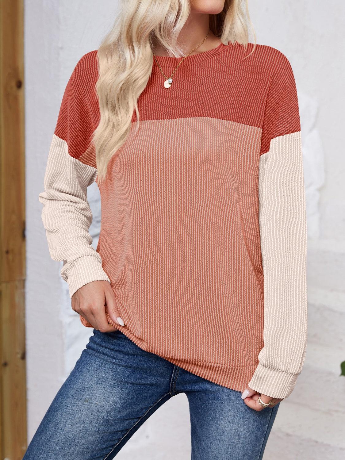 Lovelet Color Block Round Neck Long Sleeve Sweatshirt Rust
