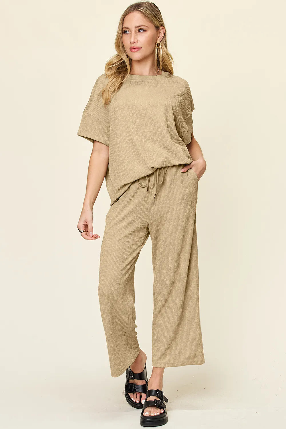 Double Take Full Size Texture Round Neck Short Sleeve T-Shirt and Wide Leg Pants Khaki
