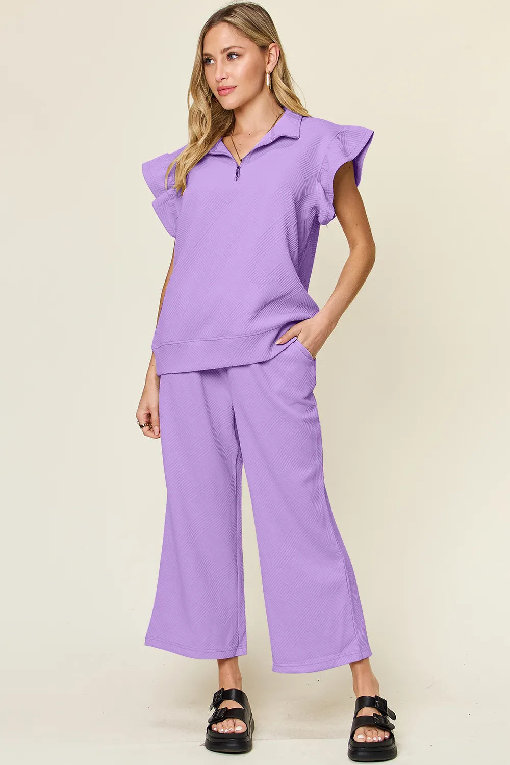Double Take Texture Ruffle Short Sleeve Top and Drawstring Wide Leg Pants Set Lavender