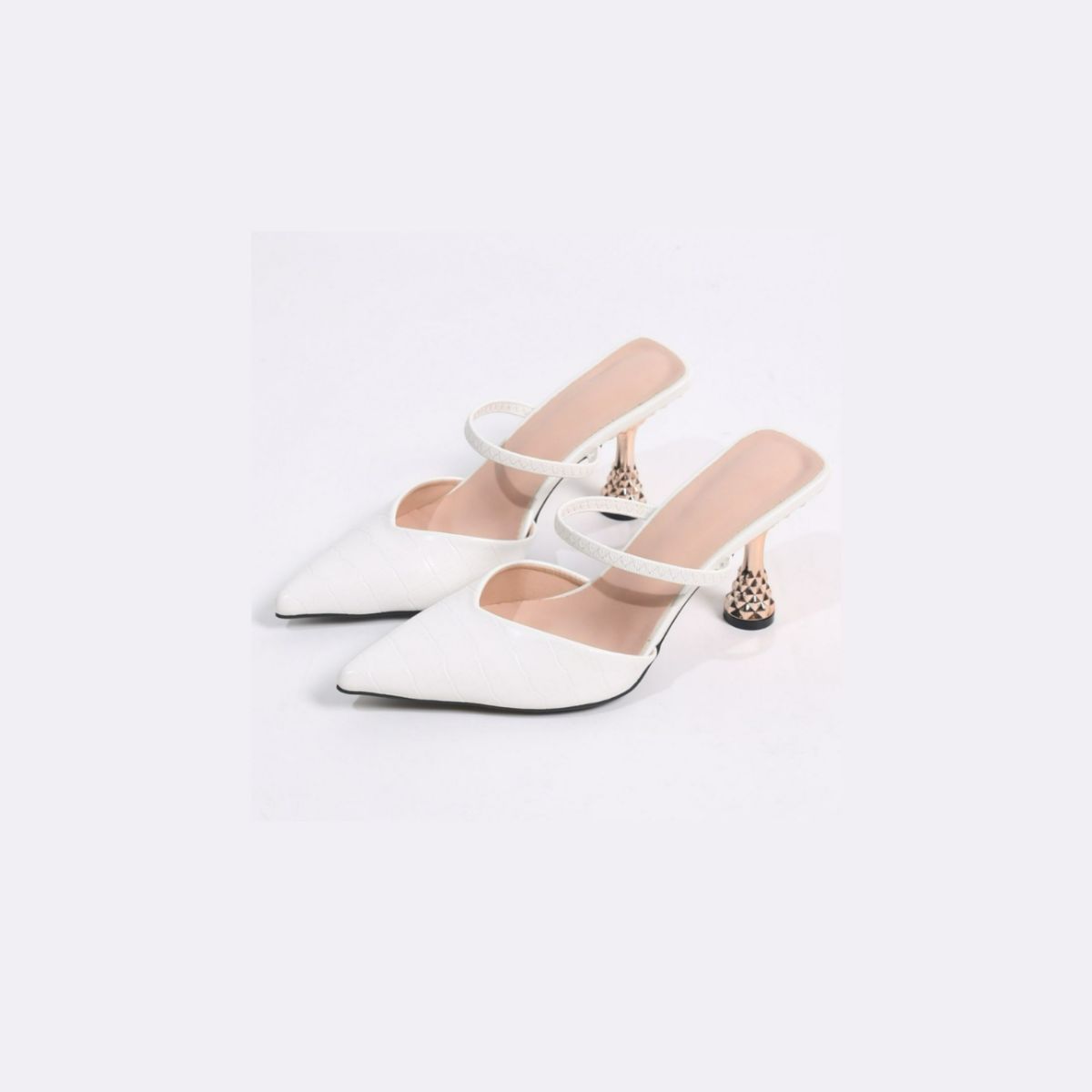 Textured Point Toe Mid Heel Pumps White