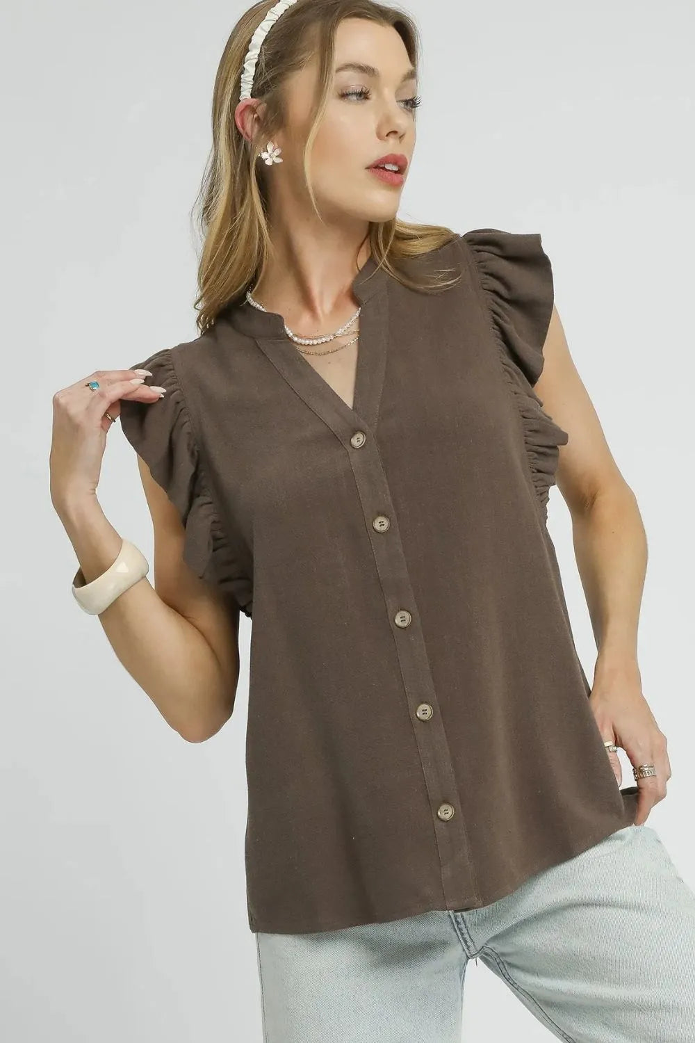 Umgee Linen Ruffle Sleeve Button-Down Shirt Coffee Brown