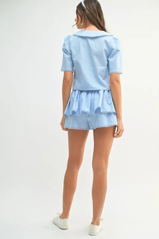 MABLE Collared Button Down Crop Top and Skort Set