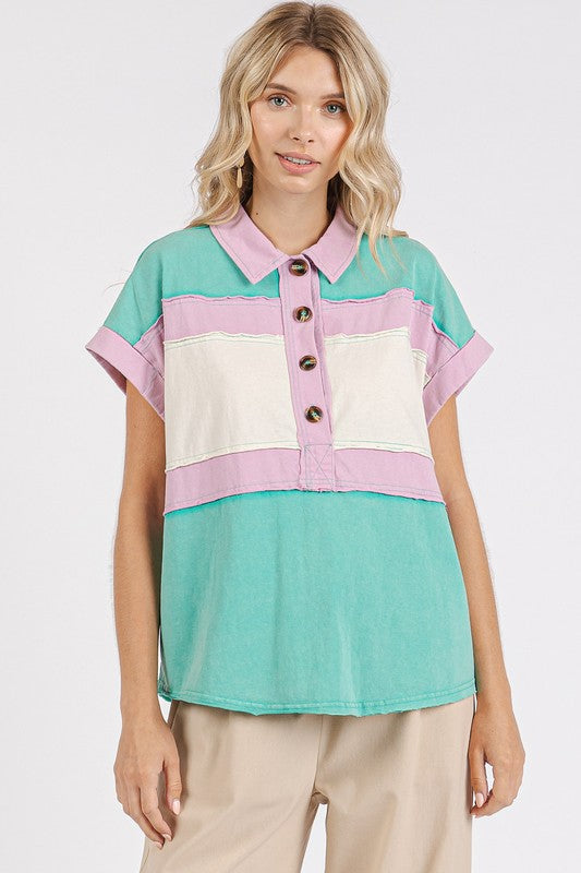 Mittoshop Color Block Henley Short Sleeve Polo Shirt Seafoam