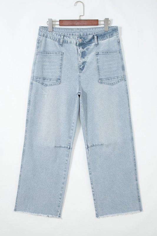 Denim Frayed Hem Cropped Straight Leg Jeans