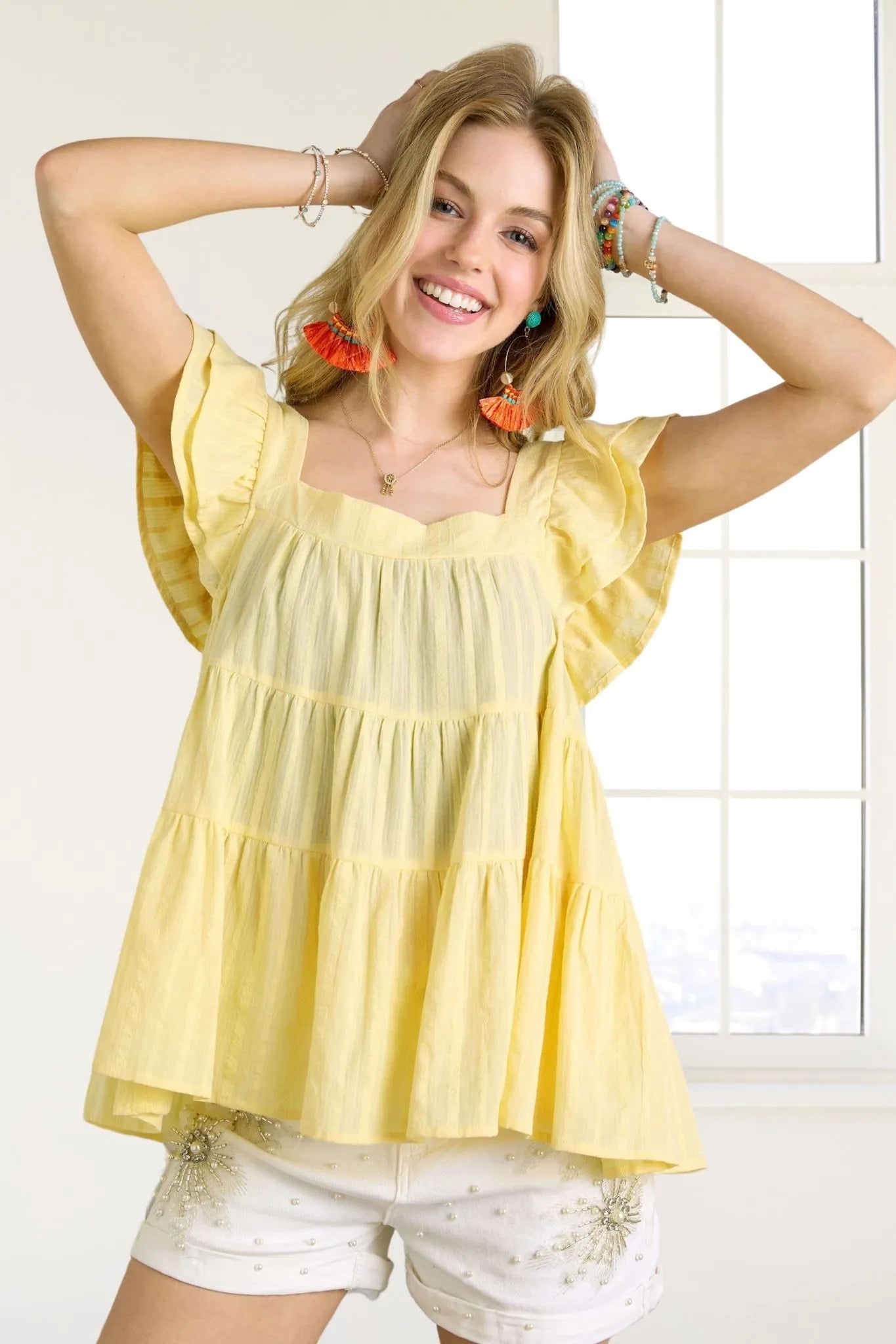 ADORA Ruffle Sleeve Babydoll Tunic Top