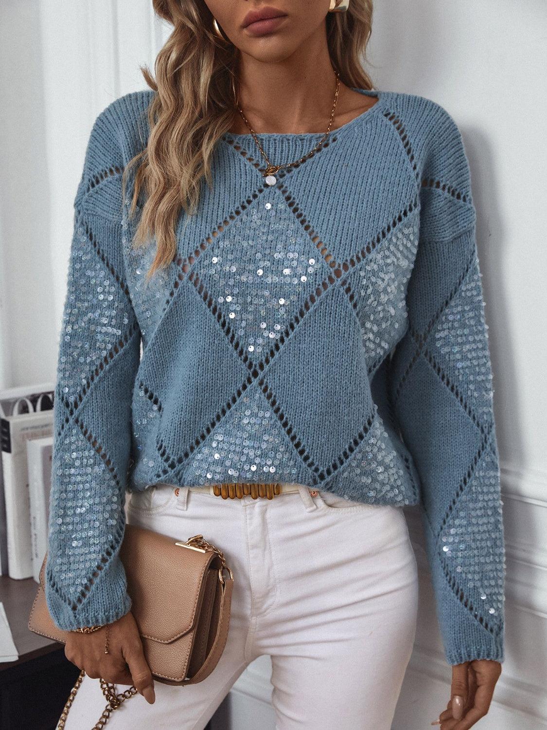Openwork Round Neck Long Sleeve Knit Top Dusty Blue