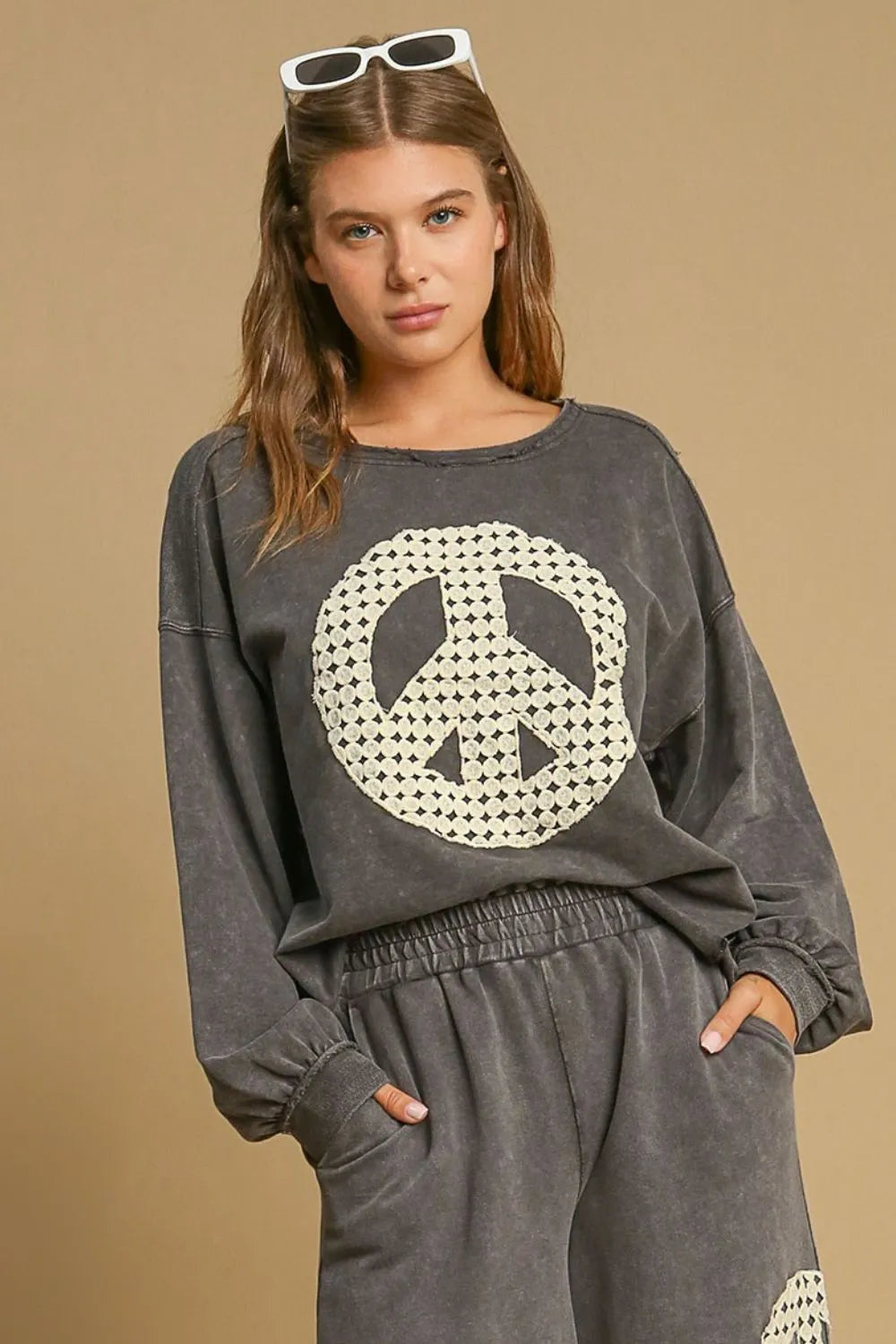 Umgee Full Size Peace Lace Applique Mineral Wash Sweatshirt Plus Size