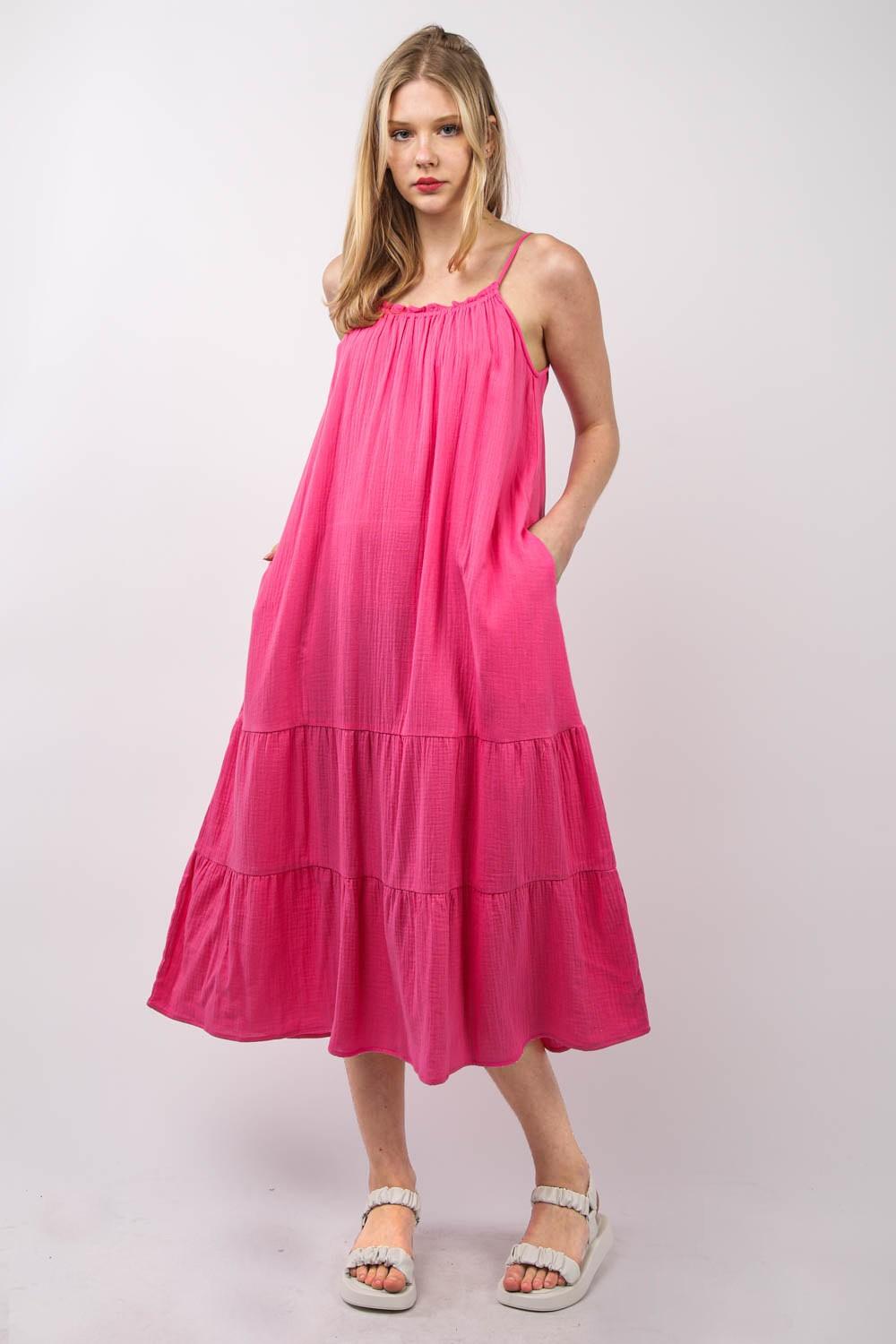 VERY J Ruffled A-Line Midi Cami Dress Fuchsia