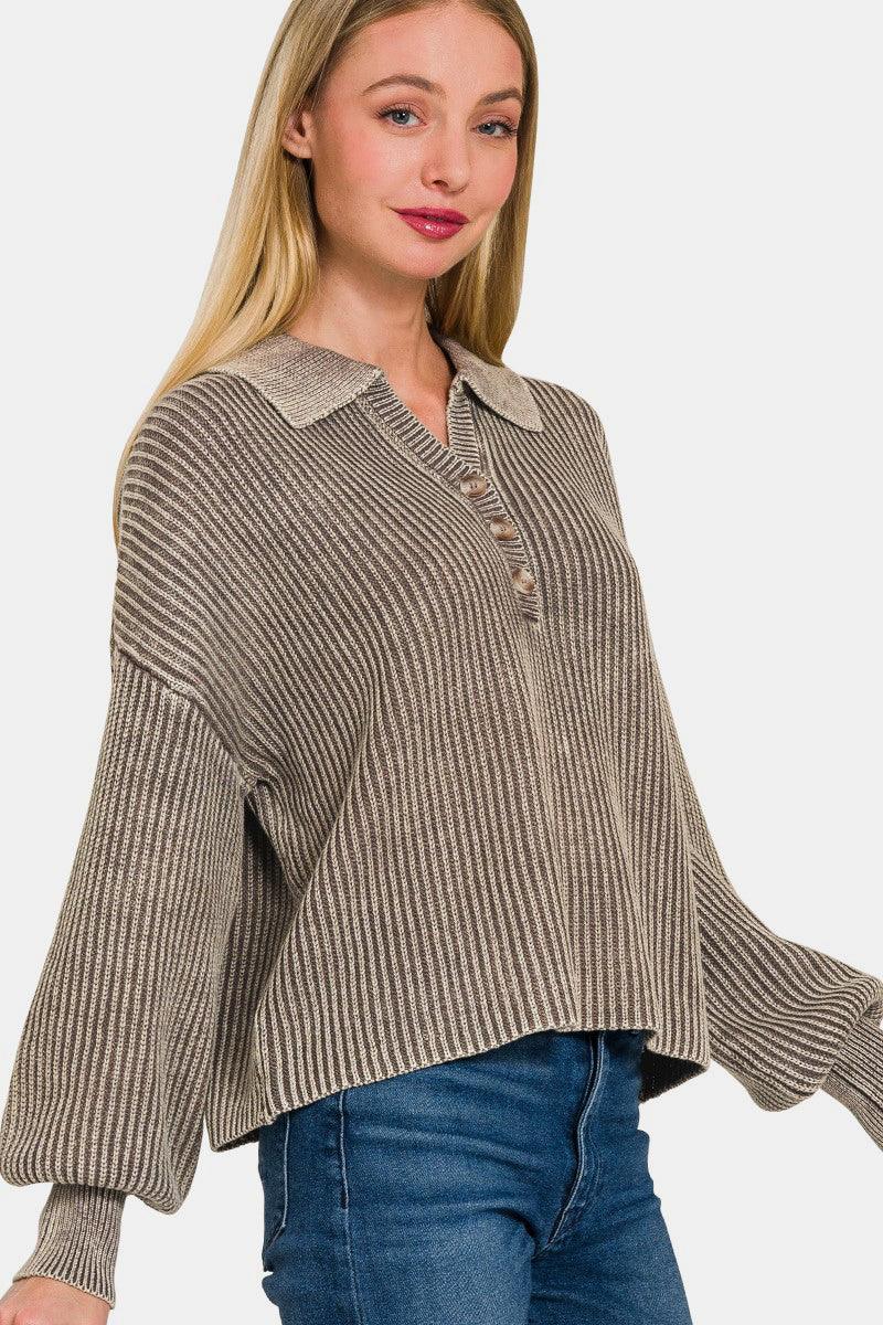 Zenana Washed Half Button Sweater - Stylish Long Sleeve Knitwear for Comfort