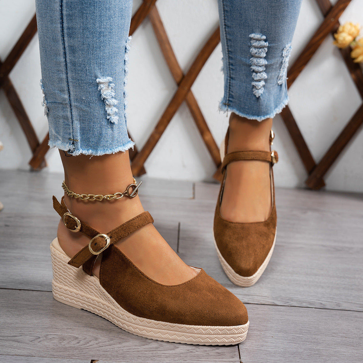 Point Toe Block Heels Pumps Brown