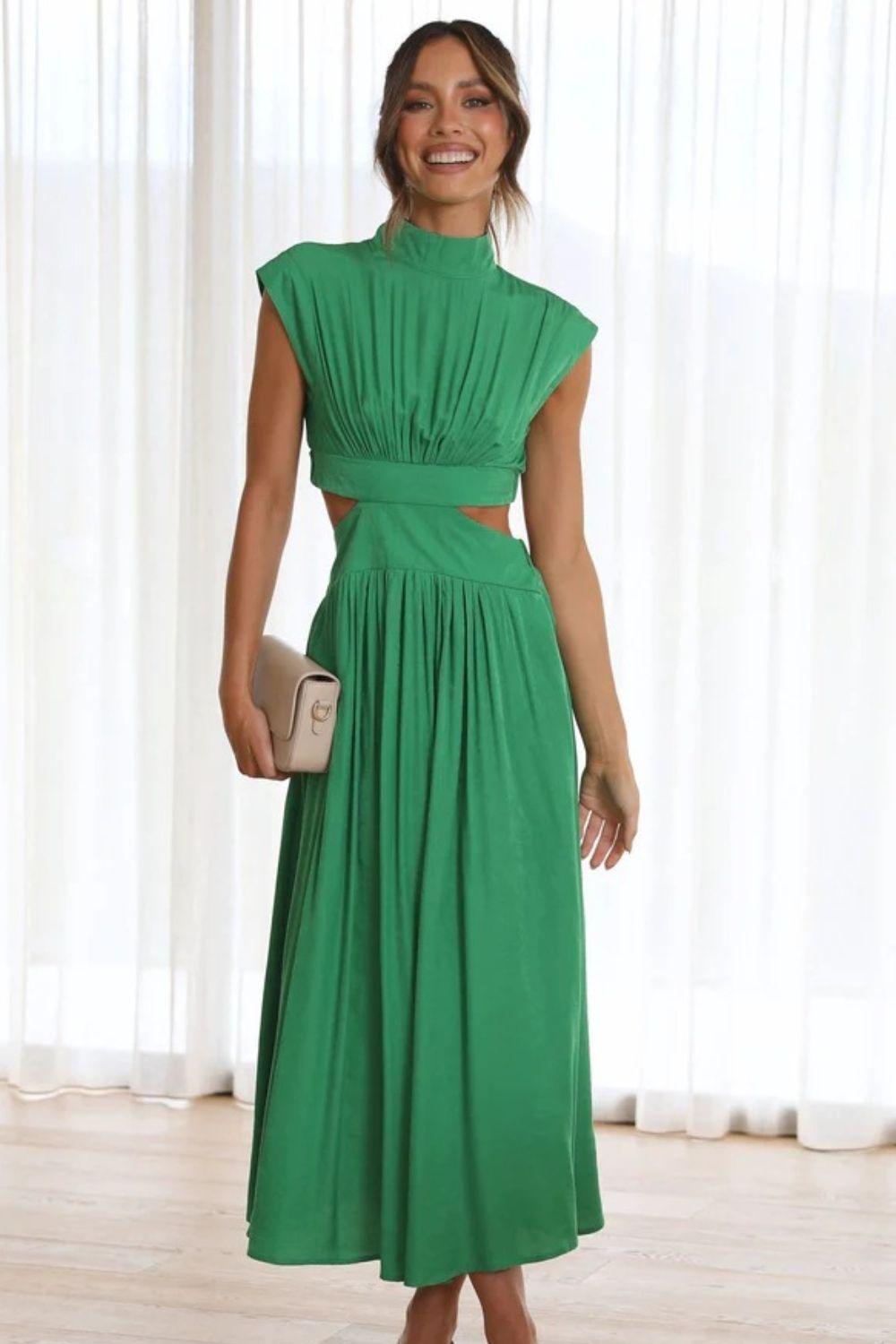 Cutout Mock Neck Sleeveless Ruched Dress Mid Green