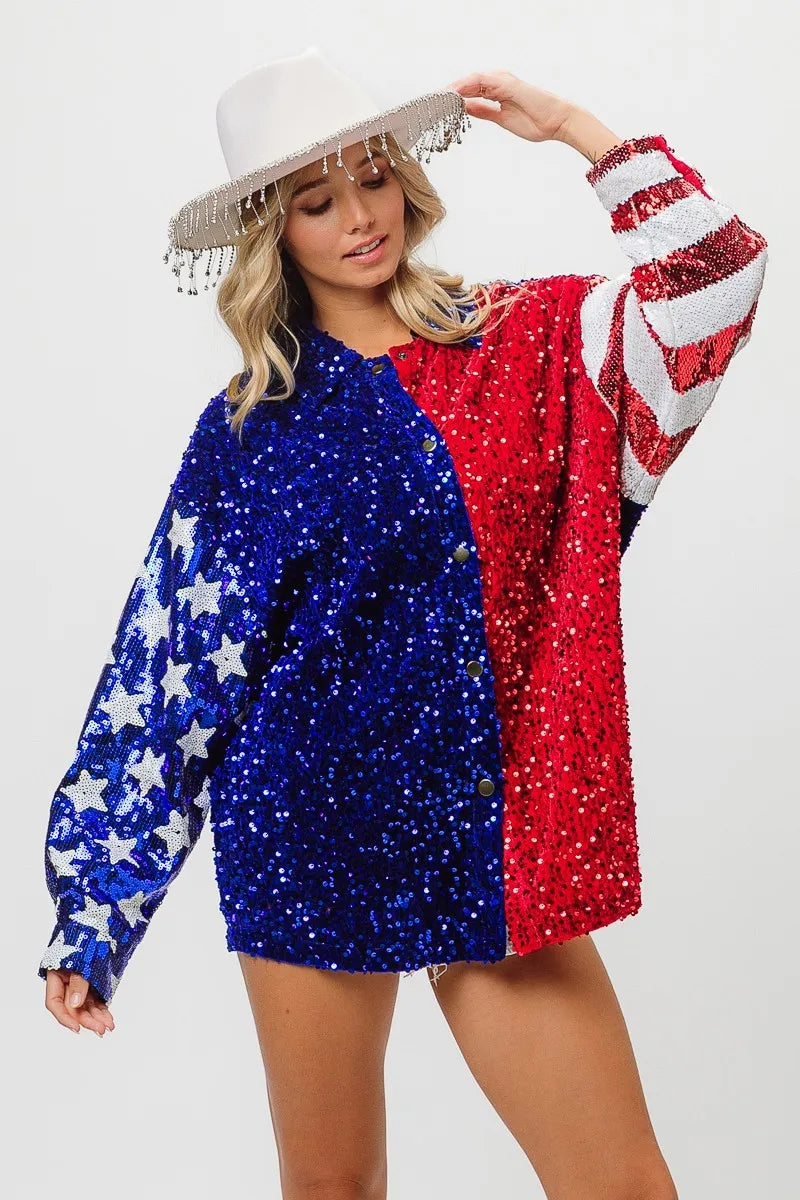 BiBi American Flag Sequin Snap Down Shirt ROYAL BLUE RED