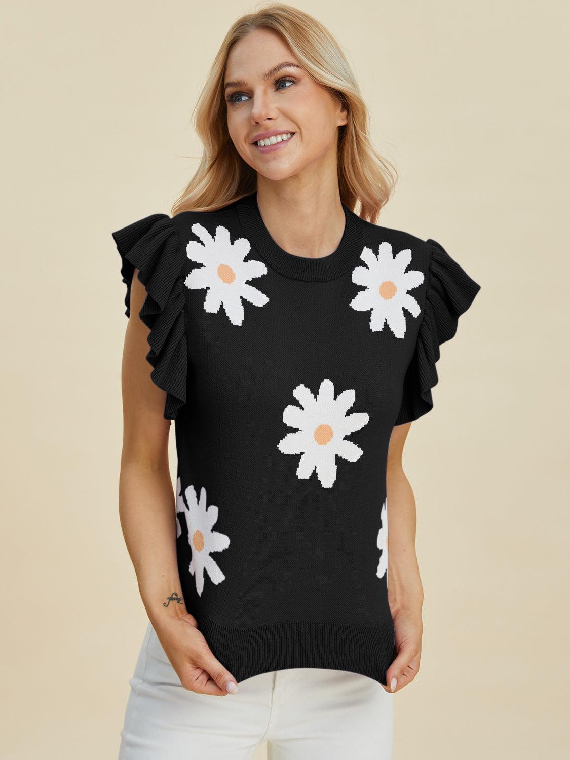 Double Take Full Size Ruffled Flower Round Neck Cap Sleeve Sweater Black