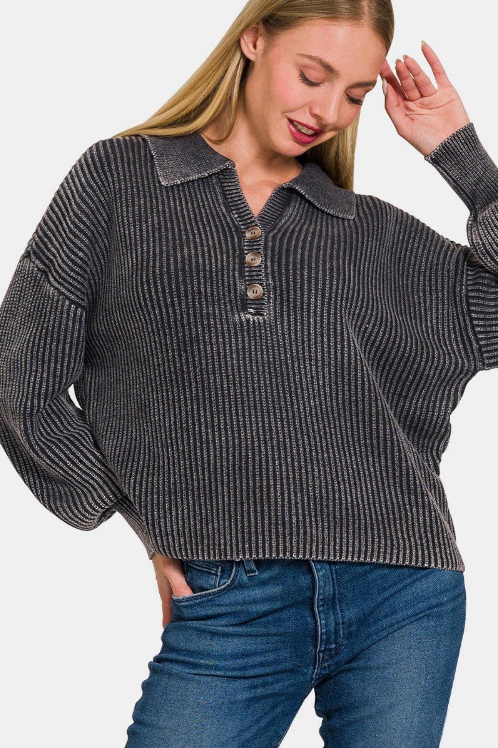 Zenana Washed Half Button Long Sleeve Sweater for Comfortable Style