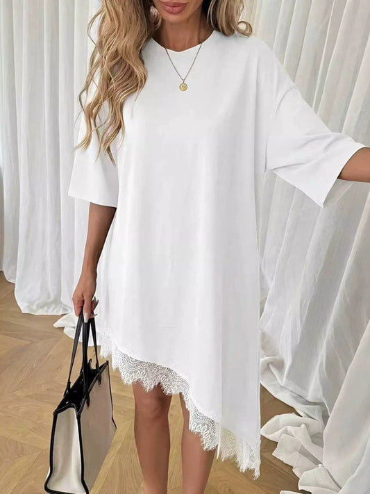 Lace Trim Asymmetrical Hem T-shirt Dress