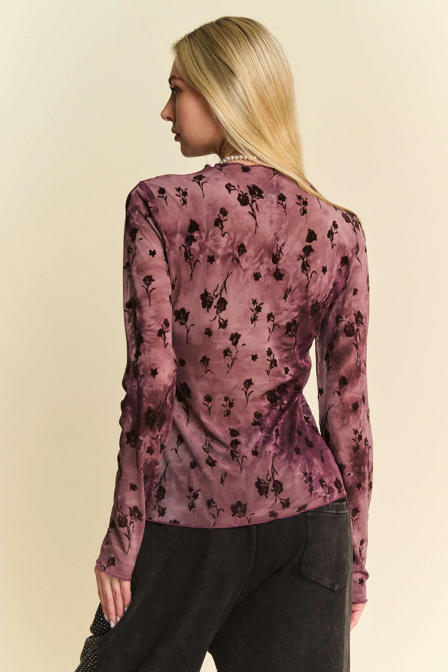 Davi & Dani Floral Mesh Long Sleeve Sheer Layering Top