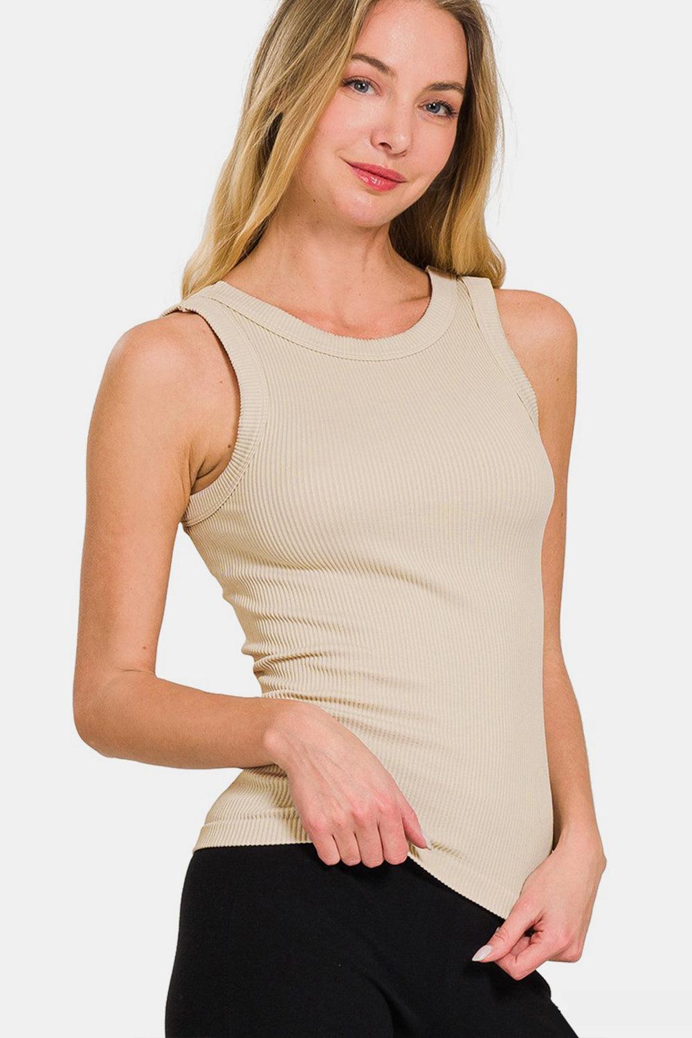 Zenana 2 Way Neckline Washed Ribbed Tank Sand Beige