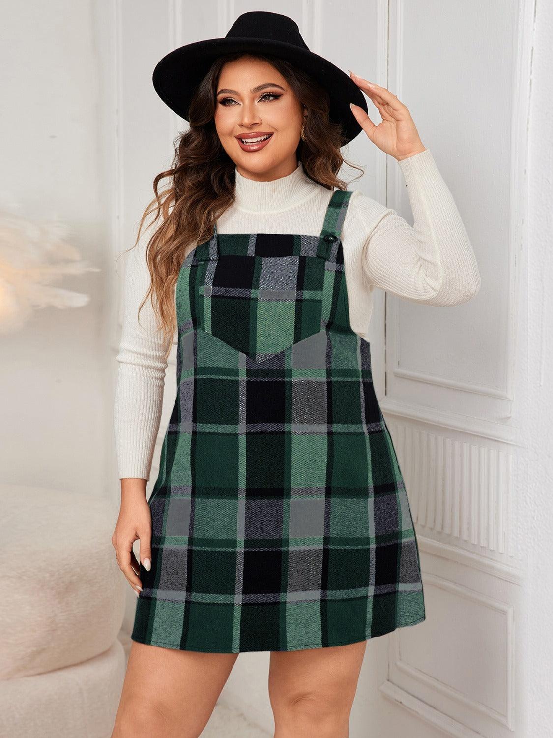 Honey Plus Size Plaid Wide Strap Overall Dress Dark Green