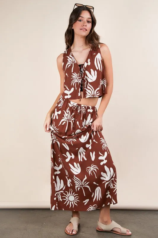 VERY J Printed Front Tie Crop Resort Top