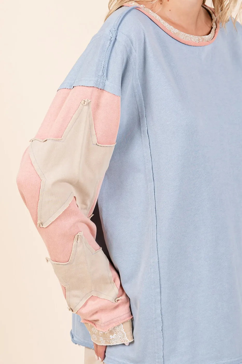 Mittoshop Star Patch Long Sleeve Colorblock Mineral Wash Top