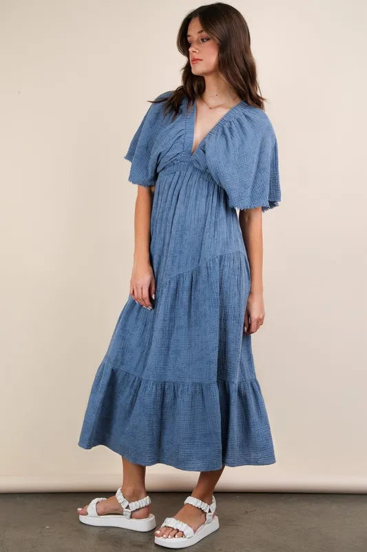 VERY J Mineral Washed Elastic Neck Detail Midi Dress