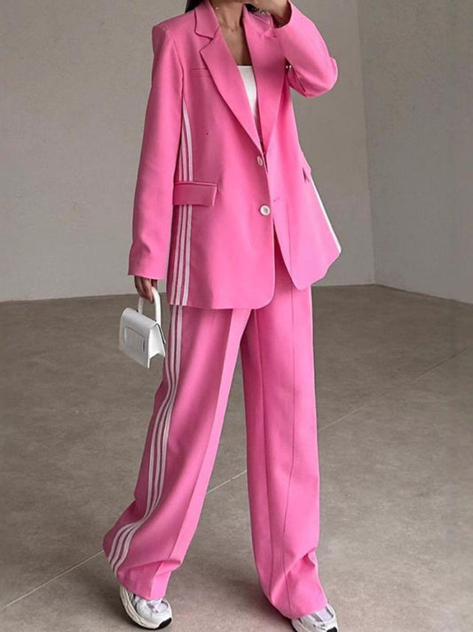 Side Striped Long Sleeve Blazer and Pants Set Hot Pink