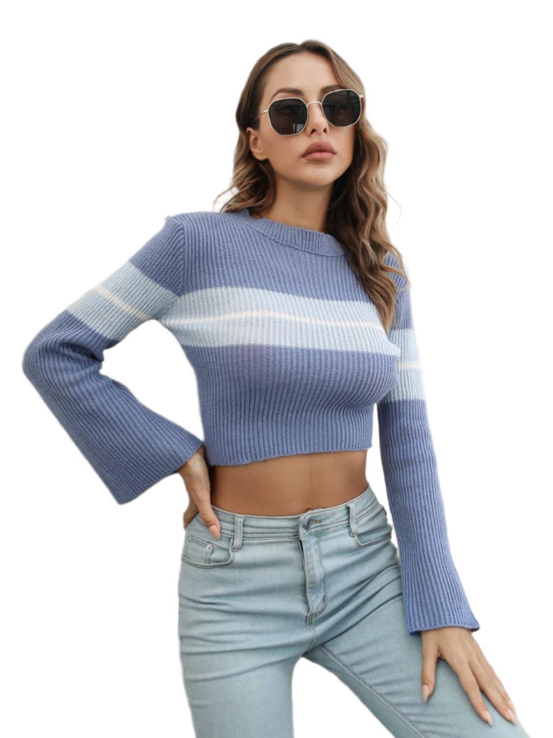 Ribbed Color Block Round Neck Cropped Sweater Misty Blue